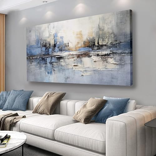 VHMING Abstract Wall Art Wall Decor Blue and Gray White Modern Canvas Wall Paintings Abstract Artwork for Living Room Bedroom Bathroom Office Home Decor Can Be Hung Directly 24"x 48" - color: Blue, size: 48"L x 24"W