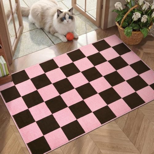 GarveeHome Checkered Brown Pink 2x3 Washable Rug Low-Pile Room Door Mat - color: Brown Pink, size: 2' x 3' (Rectangular)