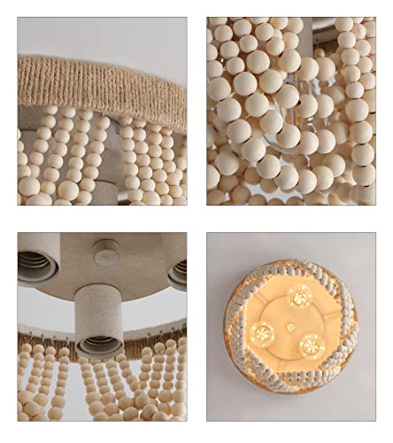 AMZASA Wood Beaded Flush Mount Ceiling Light Farmhouse Rustic Small Boho Chandelier Light Fixture for Bedroom Hallway Entryway Closet Kitchen Dining Room Living Room Nursery 3-Lights - color: Hemp Rope Ceiling Light