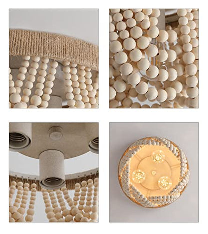 AMZASA Wood Beaded Flush Mount Ceiling Light Farmhouse Rustic Small Boho Chandelier Light Fixture for Bedroom Hallway Entryway Closet Kitchen Dining Room Living Room Nursery 3-Lights - color: Hemp Rope Ceiling Light