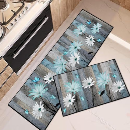 Kitchen Rugs Set of 2 Non Slip WashableFloral Butterfly - color: Rustic Daisies