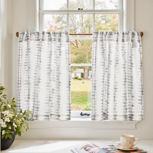 jinchan Grey Linen Kitchen Tier Curtains 24 Inch Modern Boho 2 Panels - color: Tribal | Grey on Linen, size: 26"W x 24"L (Pack of 2)
