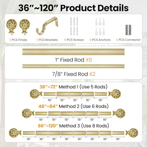 Ycolnaefllr Carved Leaf Curtain Rod,Gold, Adjustable 66-120" - color: Warm Gold, size: 36-120"