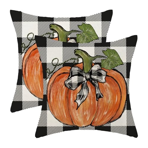 Fall Buffalo Plaid Orange Pumpkin Pillow Covers 18x18 Set of 2 - color: Black-buffalo Plaid Pumpkin, size: 18" x 18" (Pack of 2)
