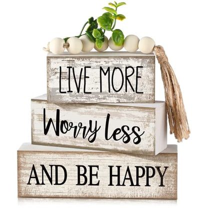 Moucuny 4 Pcs Inspirational Farmhouse Table Decor Rustic Stacked Wooden Block Sign - Live More Worry Less Be Happy Centerpieces Set with Beaded Tassel and Artificial Plant for Home, Office, Shelf Gift - style: Be Happy