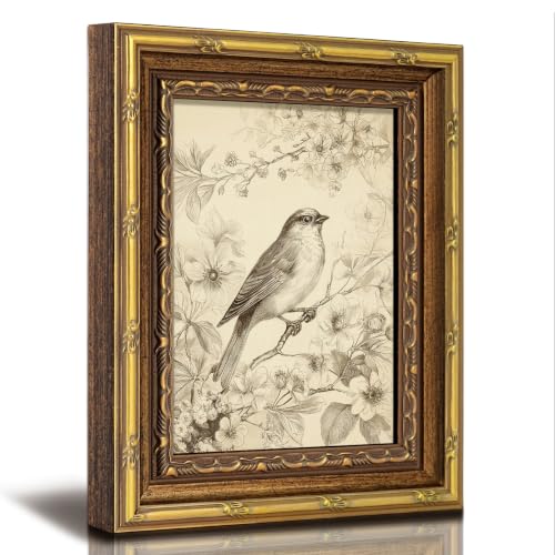 Gold Framed Vintage Bird Canvas Wall Art 8"x10" Botanical Bird Canvas Print - color: Flowers and birds, size: 10"L x 8"W