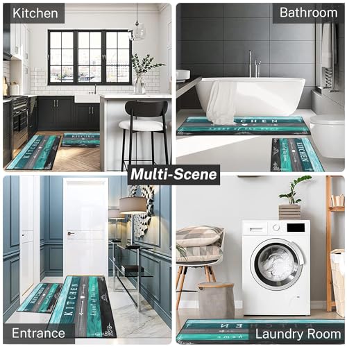 Kitchen Rugs Set of 2 Non Slip WashableTurquoise Farmhouse Rustic - color: Rustic Teal Grey