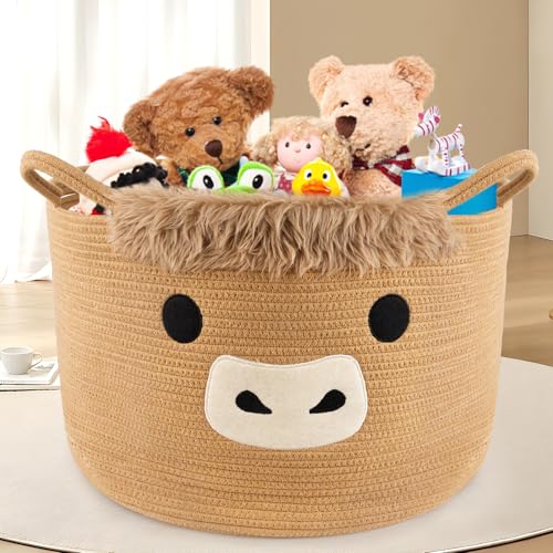 Large Highland Cute Cow Basket for Nursery,Laundry Blanket Gift Basket - color: Brown, size: 23"D ×13 "H