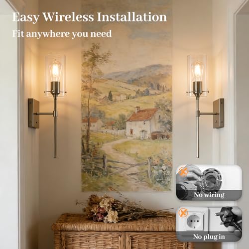 Battery Operated Wall Sconce with Remote Control Set of 2, Dimmable Wall Light Fixture Rechargeable, Nickel Wireless Wall Mount Lamp for Living Room Bedside Hallway Lounge, Bulb Included - color: Nickel