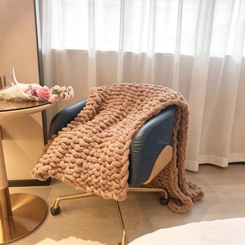 Soft Chunky Knit Throw Blanket for Couch, Cozy Warm Knitted Blankets - color: Light Brown, size: 48"x71"(Large Size Throw)
