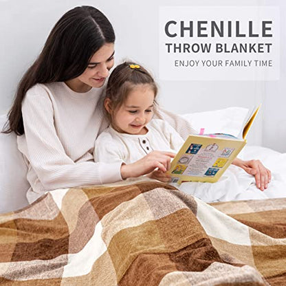 RECYCO Buffalo Plaid Chenille Throw Blanket, 50"x60", Brown Off White - color: Plaid Brown Off White, size: 50'' X 60''