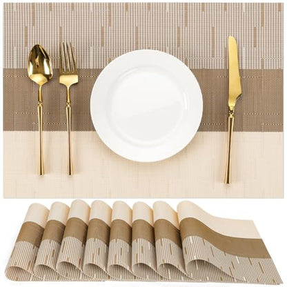 Placemats Set of 8, Vinyl Woven Heat-Resistant Place Mats - color: Beige Light Brown, size: Set of 8