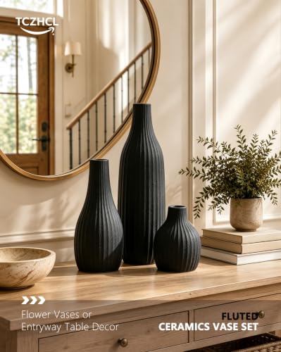 Minimal Line Black Ceramic Vase Set of 3, Matte Decorative Flower Vases - color: Black