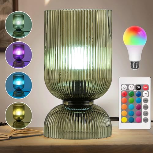 Modern RGB Glass Table Lamp with Remote，Color Changing Bedside Lamp with Green Glass Shade, 16 Colors, On/Off Cord Switch, Nightstand Lamp for Bedroom, Living Room, Office,Bulb Included - color: Green-RGB