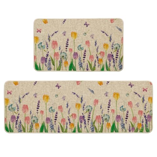 Artoid Mode Lavender Tulip Spring Kitchen Mats Set of 2, Seasonal Flower Summer Home Decor Low-Profile Kitchen Rugs for Floor - 17x29 and 17x47 Inch - size: 17" x 29" /17" x 47"