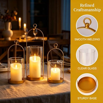 Hurricane Glass Candle Holders Set of 3, Hanging Gold Candlestick