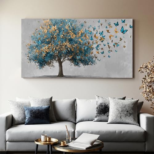 YISXINOAG Blue Gold Tree of Life Wall Art Butterfly Landscape Print 29"X58" - color: grey green, size: 58"L x 29"W
