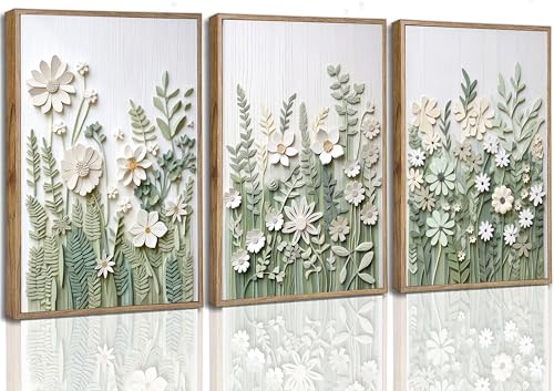 JASMIE 3 Pcs Sage Green Wildflowers Canvas Wall Art Unframed - color: green-Poster, size: 16L" x 12W"
