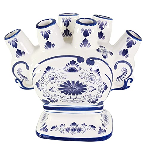 Home-X Ceramic Flower Vase – 6-Port Bud Ivory Vase – Unique Decorative Flower vase for Living Room, Bedroom, Kitchen, or Office (White & Blue)