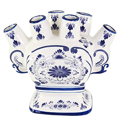 Home-X Ceramic Flower Vase – 6-Port Bud Ivory Vase – Unique Decorative Flower vase for Living Room, Bedroom, Kitchen, or Office (White & Blue)