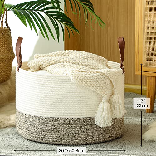 KAKAMAY Large Blanket Basket (20"x13"),Woven Baskets for storage Baby Laundry Hamper,Cotton Rope Blanket Basket for Living Room, Laundry, Nursery, Pillows, Baby Toy chest (White/Beige) - color: Cream and Beige