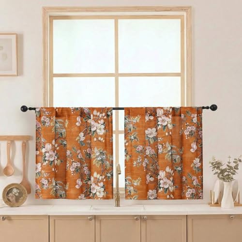 Aiyufeng Floral Tiers Curtains 24 Inch Length for Kitchen, Flower Patterned Soft Airy Light Filtering Country Style Rod Pocket Small Window Treatments Short Drapes, W30 X L24 Inch, Orange - color: Orange, size: 30"W x 24"L (Pack of 2)