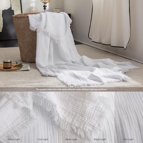 FOSSA Muslin Blanket 4-Layer 100% Cotton Gauze Blanket with Fringe 90"x90" - color: Bright White, size: Queen (90" × 90")