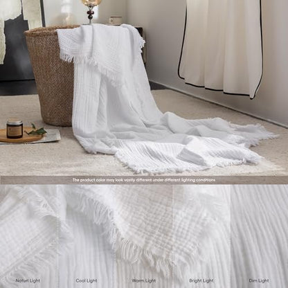 FOSSA Muslin Blanket 4-Layer 100% Cotton Gauze Blanket with Fringe 90"x90" - color: Bright White, size: Queen (90" × 90")