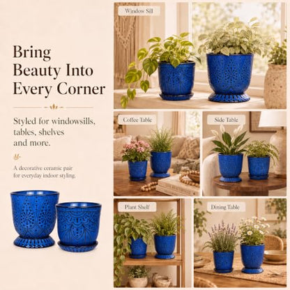 Gepege Ceramic Plant Pots, 6 Inch Indoor Planters with Drainage & Saucers - color: Blue, size: 6 Inch - Set of 2