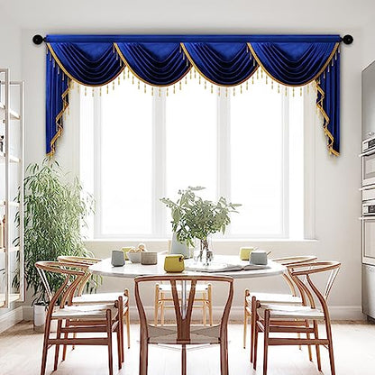 ELKCA Luxury Royal Blue Velvet Curtain Valances for Living Room with Beads(110inch,1 Panel) - color: Royal Blue, size: 110"W x 43"L (Pack of 1)