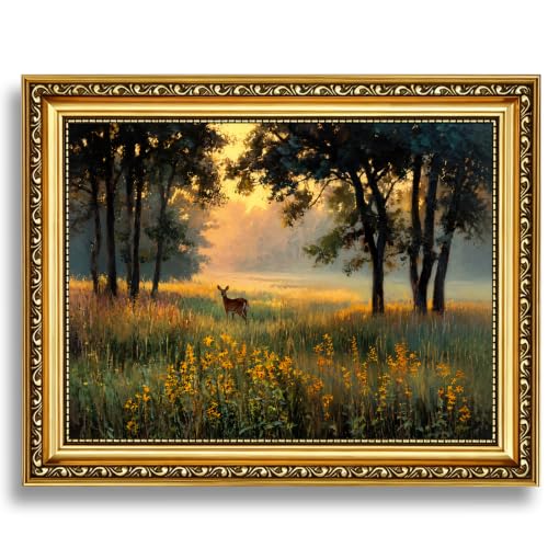 Vintage Framed Forest and Deer Canvas Wall Art,Woodland Wildlife Artwork - color: Forest and Deer, size: 8*10