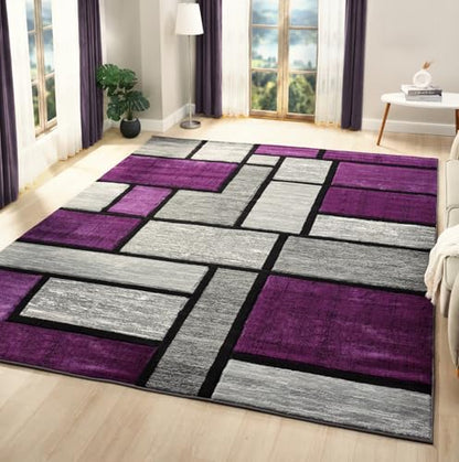 Modern 5x7 Purple Geometric Living Room Rug - Area Rugs for Living Room Dining & Bedroom - Hand Carved Runner Carpet - Durable Polyester - Non-Fade Stain-Resistant - Turkish Made - color: Purple, size: 5' x 7' (Rectangular)