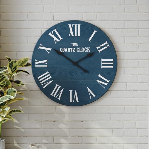 ARTPOWER 24" Extra Large Farmhouse Wall Clock,Solid Wood Veneer,Blue - color: Blue, size: 24"W x 24"H