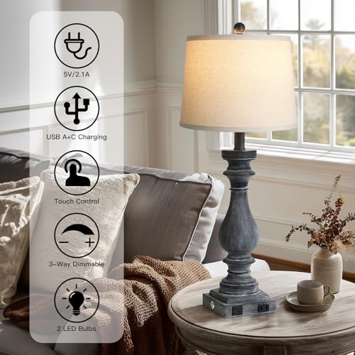 Cinkeda 29" Tall Farmhouse Table Lamp for Living Room Set of 2,Vintage Retro Nightstand Lamps with USB C+A Ports & AC Outlet,3-Way Dimmable Touch Bedside Lamp for Bedroom Side Table,Distressed Black - color: Distressed Black