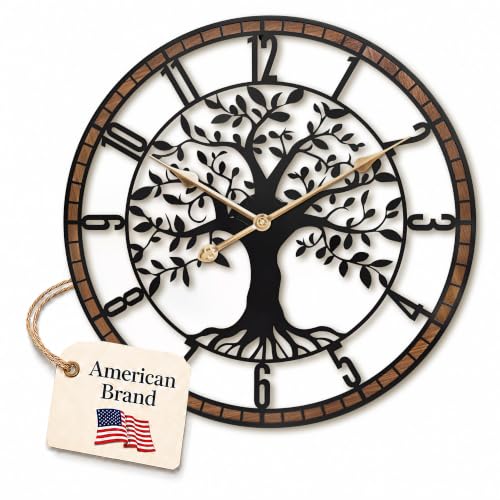 16 Inch Arabic Numerals Tree Wall Clocks for Living Room Decor,Wood Frame | Black Modern Decorative Silent Battery-Operated Metal & Wood Frame Tree Wall Clocks for Living Room,Office,Dining Room Decor - color: Black Arabic, size: 16 inch