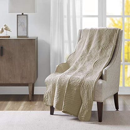 Madison Park Luxe Damask Stitching Throw Blanket, 60"x72" - color: Scalloped Edges Khaki, size: 60"x72"