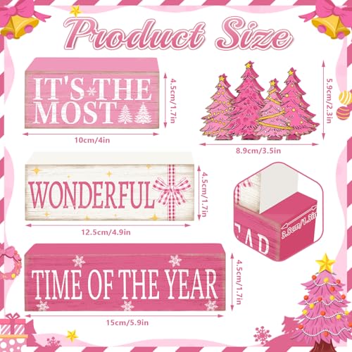 Britimes Pink Christmas Tiered Tray Decor Set, 4 Pack, Wooden Table Sign - style: Christmas Pink Tree