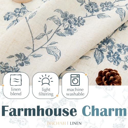 jinchan Blue Floral Kitchen Tier Curtains Alisa 24 Inches Tie Top 2 Panles - color: Alisa Blue on Linen, size: 26"W x 24"L (Pack of 2)