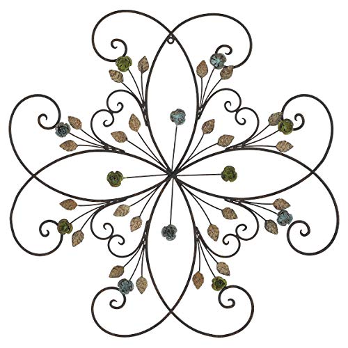 KUWIVO Lechesis 24" Metal Flower Scroll Wall Art Decor Sculptures with Rust Leaf for Living Room Bedroom