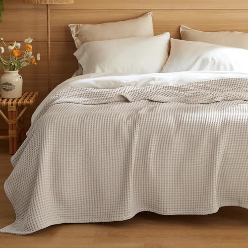 Bedsure Lightweight 100% Cotton Waffle Blanket, Queen, Linen - color: Linen, size: Queen (90" X 90")