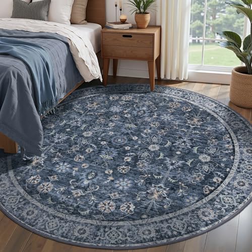 Tangsoo Small Washable Round Area Rug 3ft,Vintage Blue Circle Rug Non Slip - color: Distressed Blue Black, size: 3' X 3' (Round)