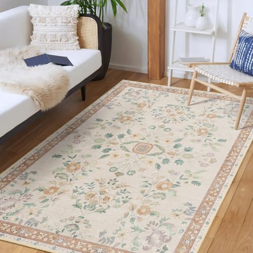 MUJOO 3x5 Rug Washable Floral Area Rugs Non Slip Ultra-Thin - color: Beige, size: 3' x 5' (Rectangular)