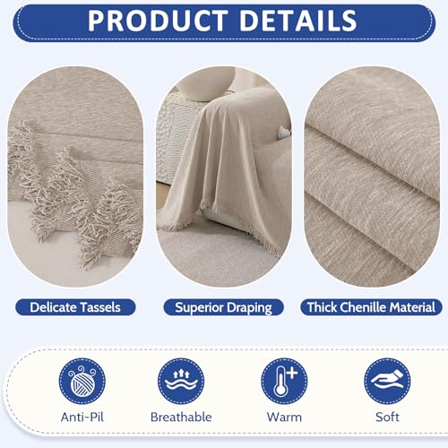 Chenille Couch Cover for Dogs Washable Boho Throw Blanket Washable - color: 01 Khaki, size: 71"×134"