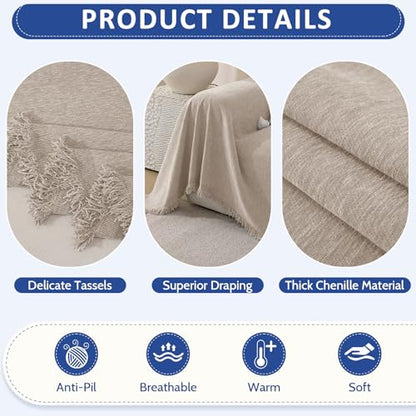 Chenille Couch Cover for Dogs Washable Boho Throw Blanket Washable - color: 01 Khaki, size: 71"×134"