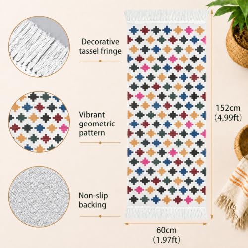 Geometric Runner Rug 2x5 Washable Boho Runner Rug with Tassels
