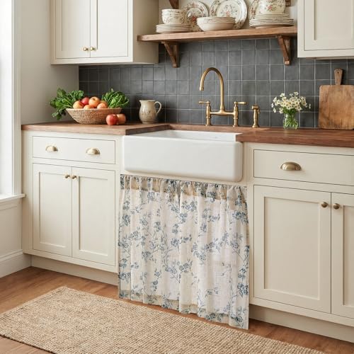 jinchan Floral Linen Kitchen Tier Curtains, 24 Inch, 2 Panels, Blue - color: Alisa Blue, size: 26"W x 24"L (Pack of 2)