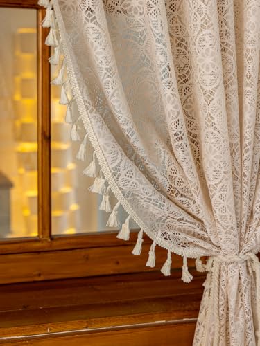 Sheer Boho Lace Curtains 72 Inches Long, Beige, Set of 2 Panels - color: Beige, size: 59"W x 72"L (Pack of 2)