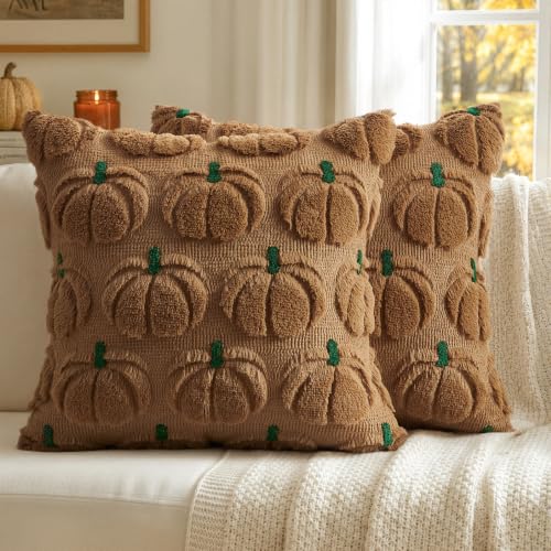 MIULEE Fall Pumpkin Pillow Covers Fall Decor Brown Green Stem 18x18 - color: Brown Green Stem, size: 18" x 18" (Pack of 2)