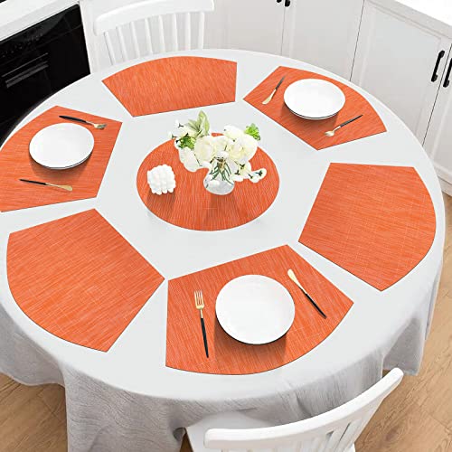 SHACOS Round Table Placemats Set of 5 Woven Vinyl Wedge Placemats with Centerpiece Round Table Mats Heat Resistant Wipe Clean (5, Orange) - color: Orange