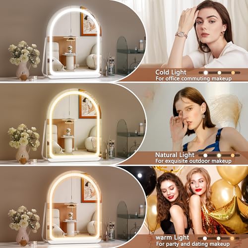 Hasipu Vanity Mirror with Lights, 11"× 14" Arched LED Makeup Mirror, Lighted Makeup Mirror with Lights, Smart Touch Control Dimmable 3 Modes Light 360°Rotation White - size: 11"L x 14"W